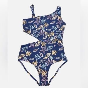 Garnet Hill Kids Girls One Piece Swimsuit - Blue Starfish Design